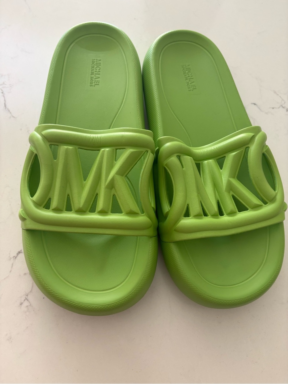New Michael Kors Lime Green MK Logo Slide Sandals